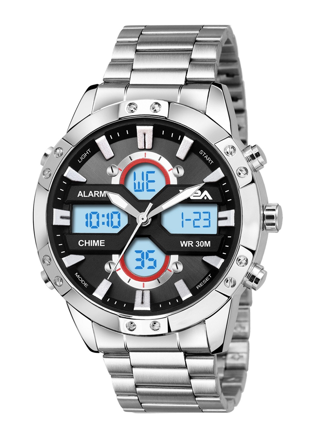 

V2A Men Black Dial & Steel Toned Stainless Steel Bracelet Style Straps Analogue Multi Function Watch, Silver
