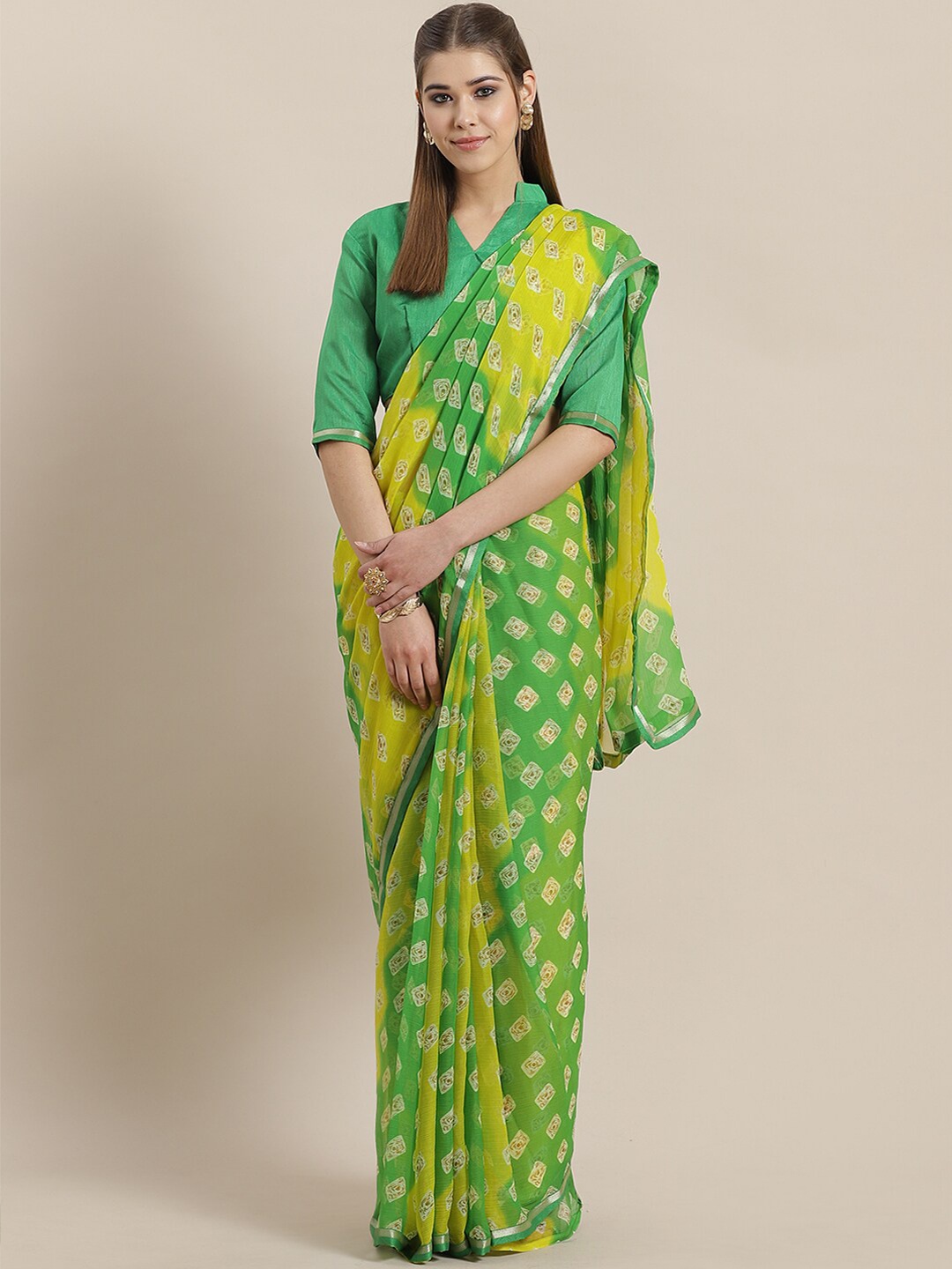 

KALINI Green & Yellow Bandhani Zari Saree