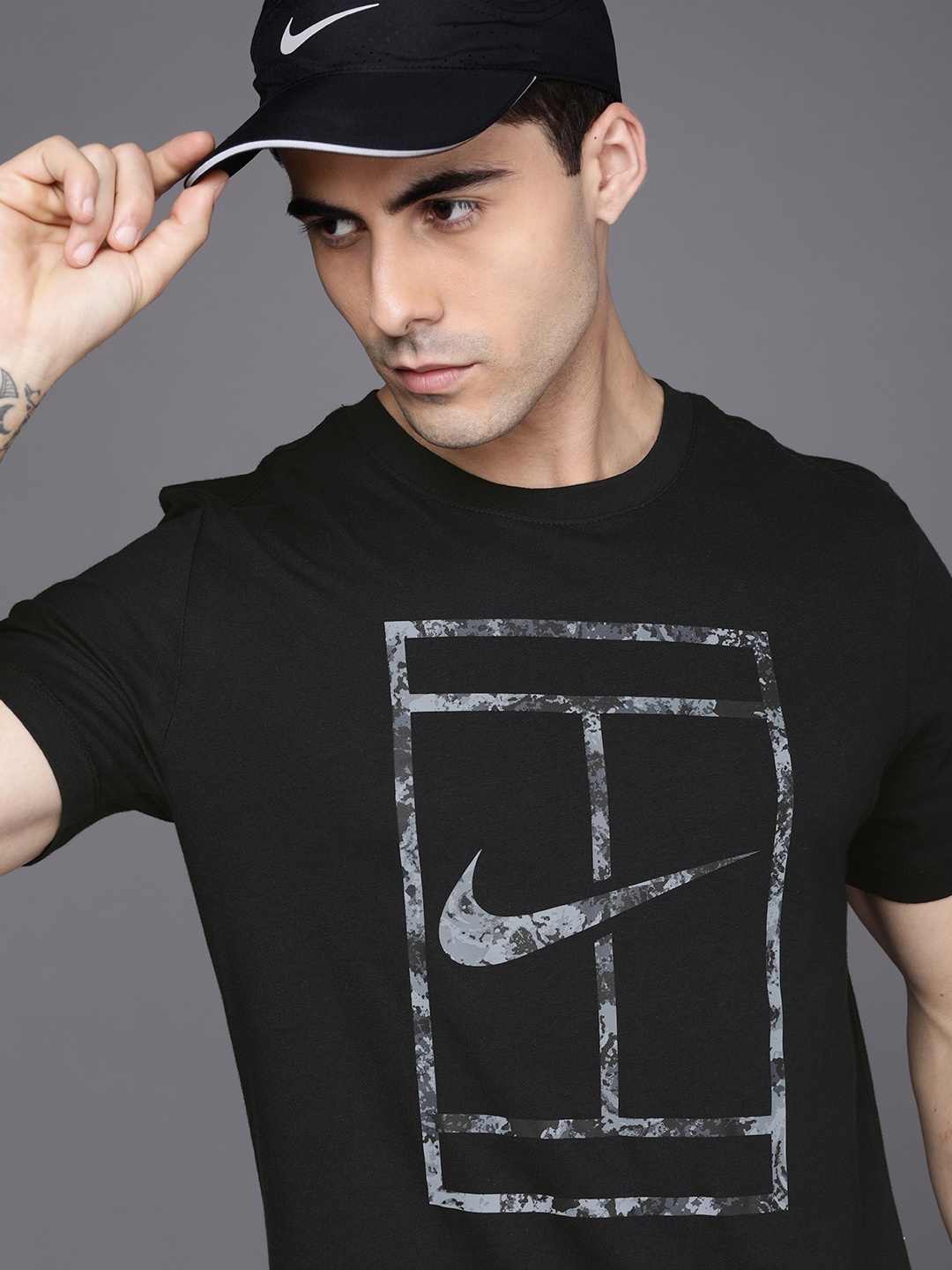 

Nike Men Black & Grey Brand Logo Printed Pure Cotton T-shirt