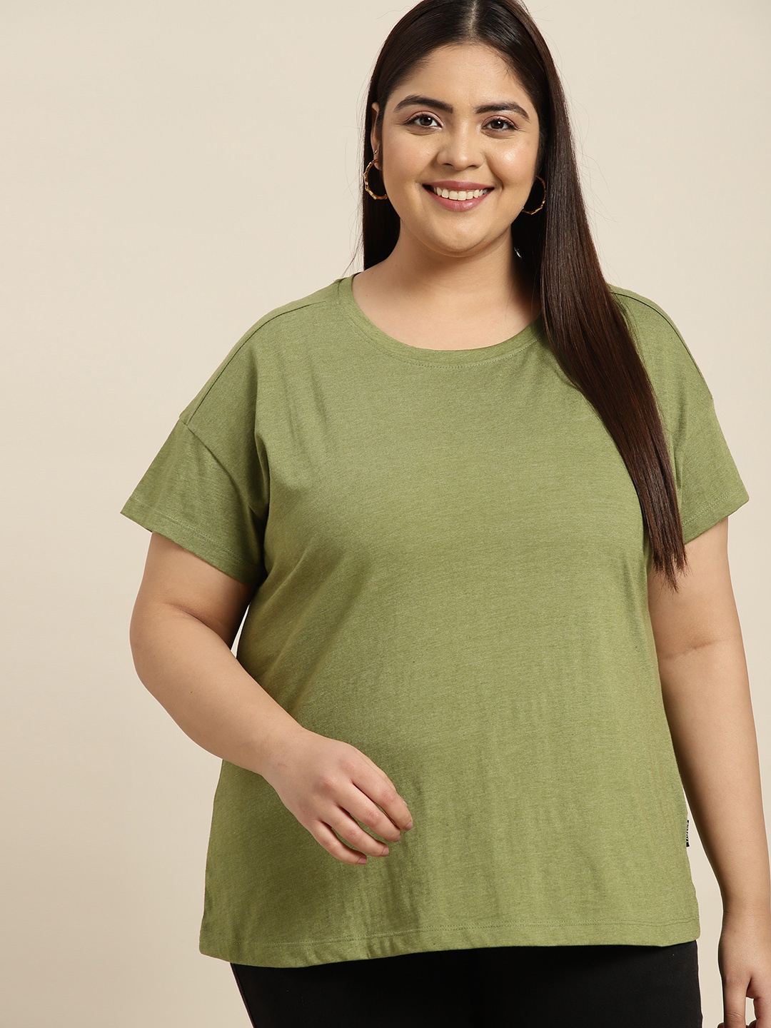 

Sztori Women Plus Size Olive Green Solid Drop-Shoulder Sleeves T-shirt