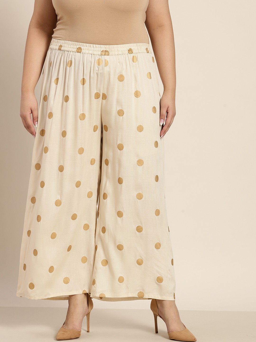 

Sztori Women Plus Size Off White & Golden Polka Dot Printed Ethnic Palazzos