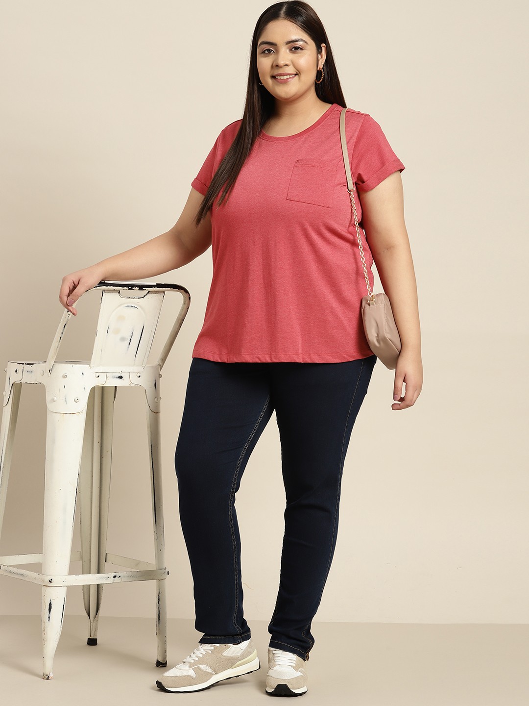 

Sztori Women Plus Size Coral Pink Solid T-shirt