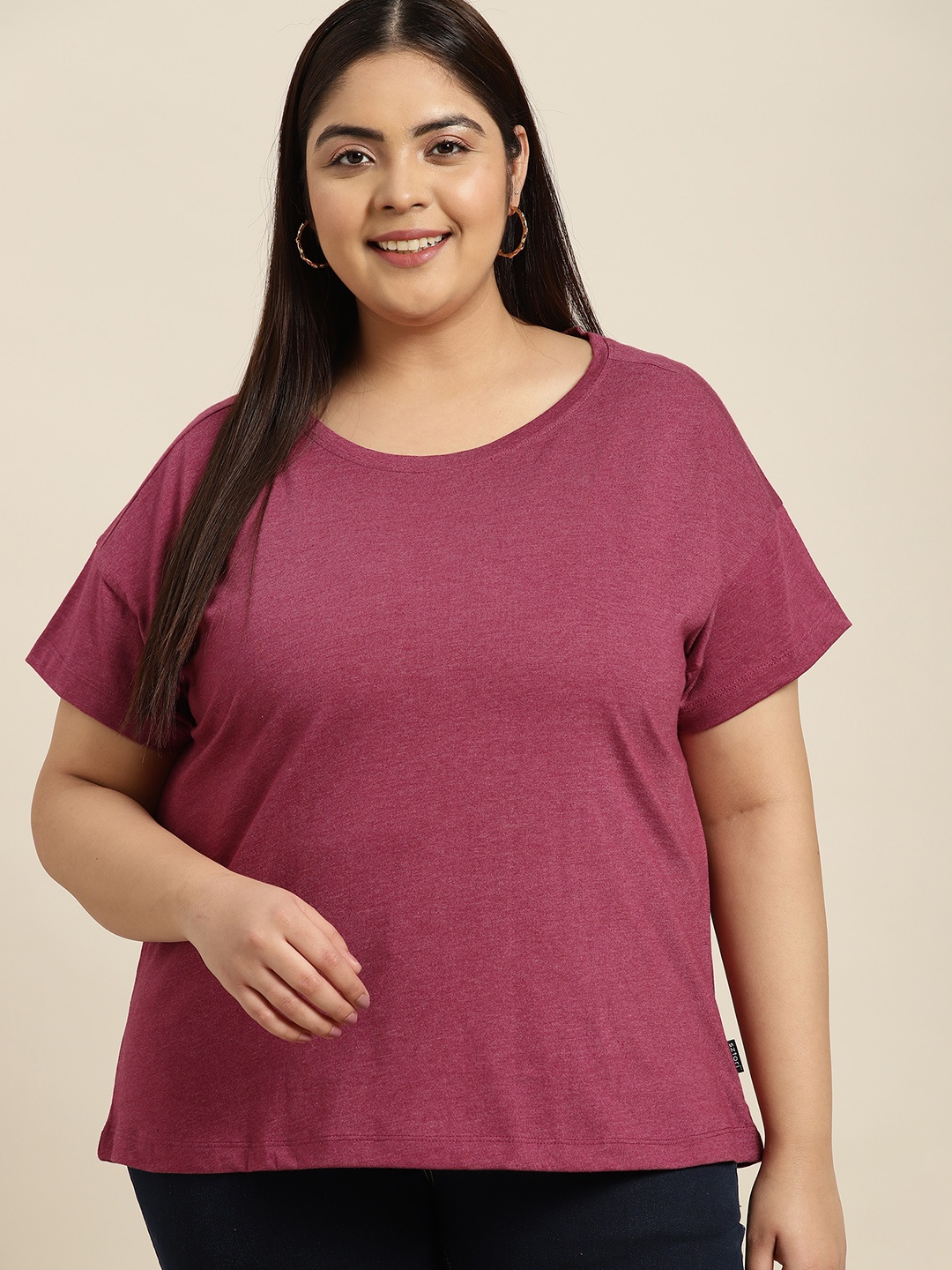 

Sztori Women Plus Size Burgundy Solid Drop-Shoulder Sleeves T-shirt