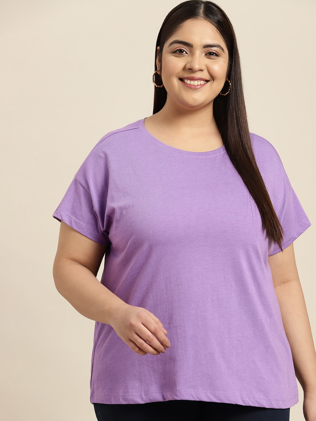 

Sztori Women Plus Size Lavender Solid Drop-Shoulder Sleeves T-shirt