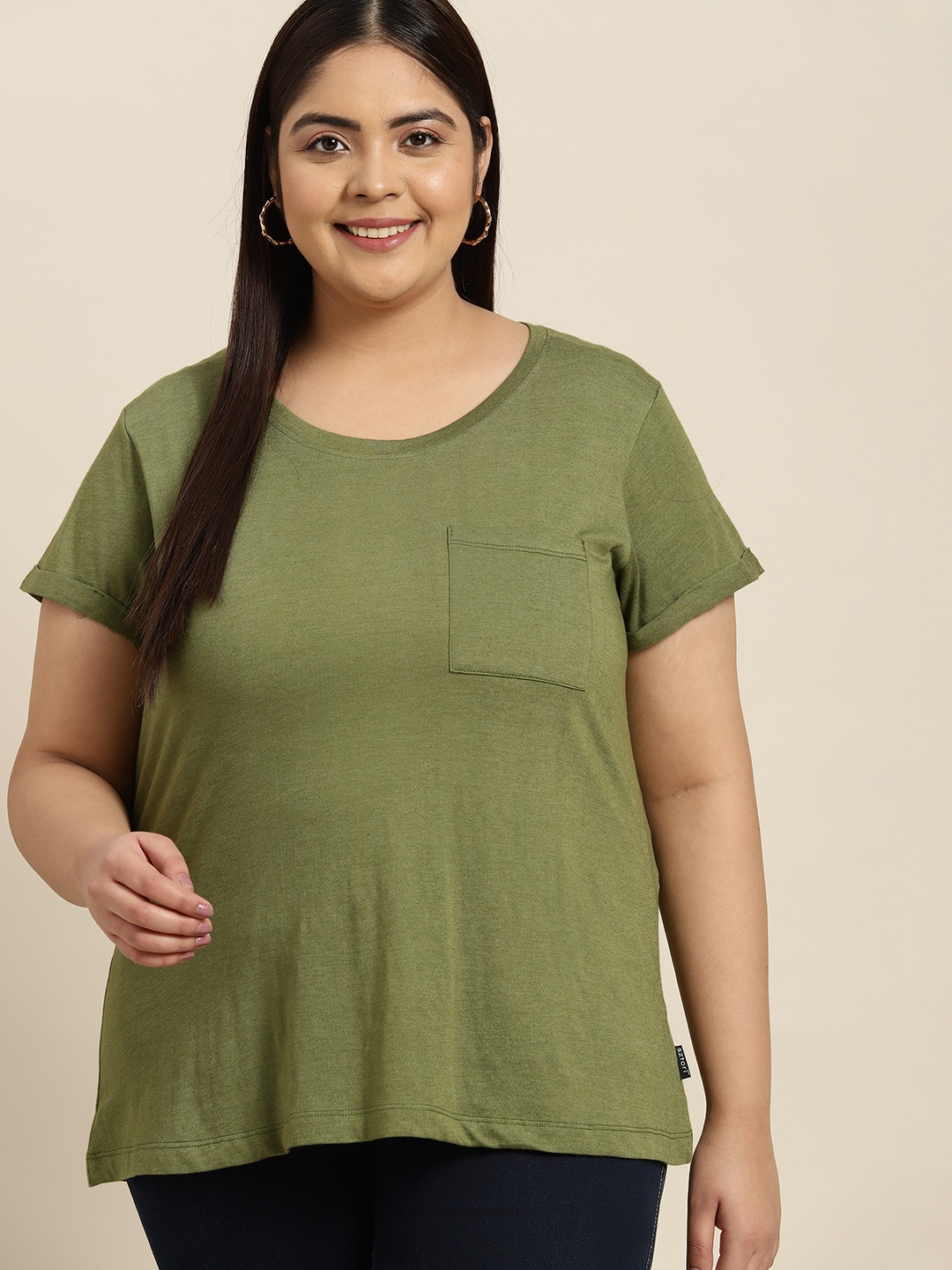 

Sztori Women Plus Size Olive Green Solid T-shirt