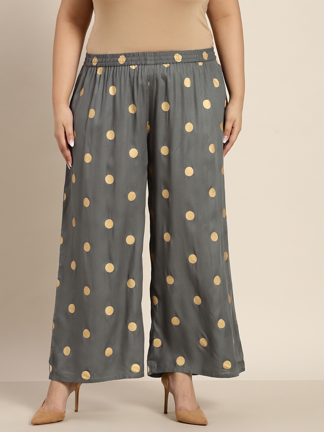 Sztori Women Plus Size Grey & Golden Polka Dot Printed Ethnic Palazzos