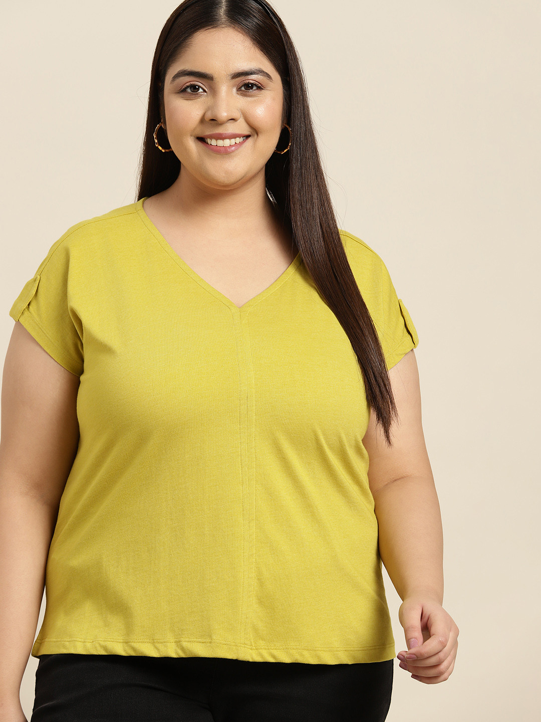 

Sztori Women Plus Size Lime Green Solid V-Neck T-shirt