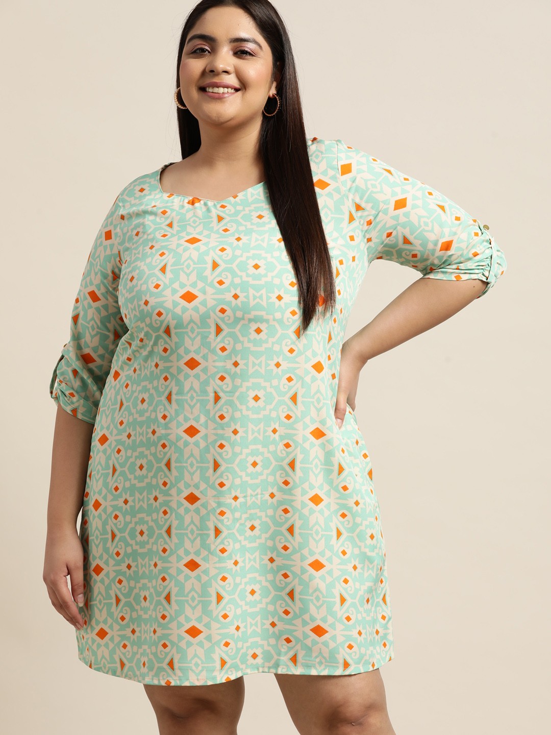 

Sztori Women Plus Size Mint Green & White Tribal Print A-Line Dress