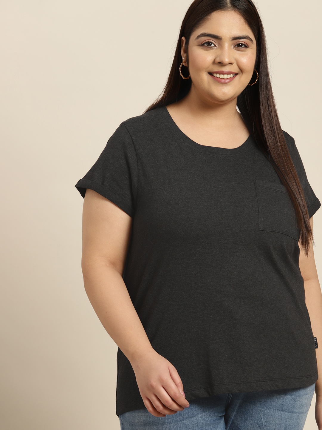 

Sztori Women Plus Size Black Solid T-shirt