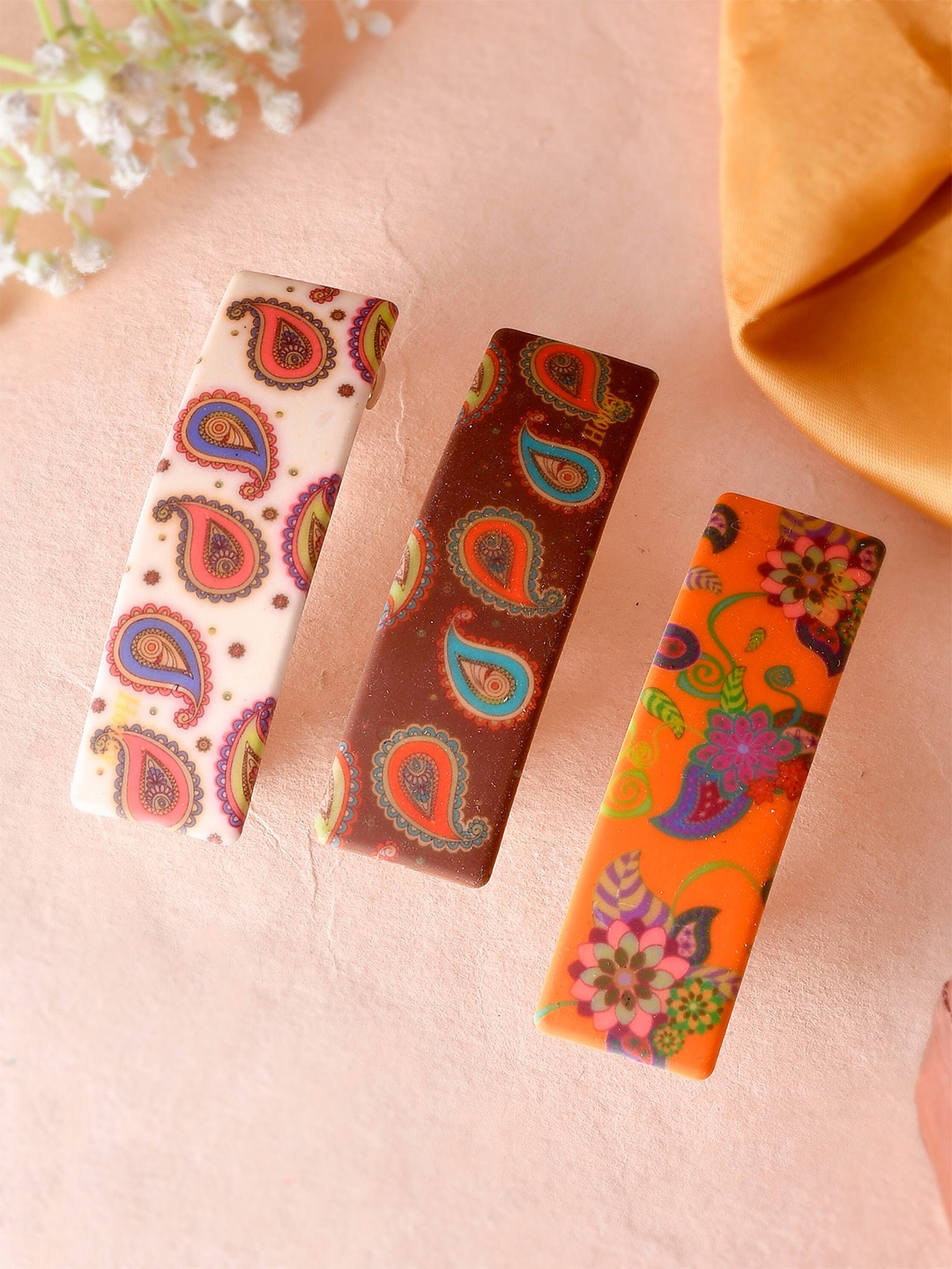 

Silvermerc Designs Women Set of 3 Printed French Barrette, Orange
