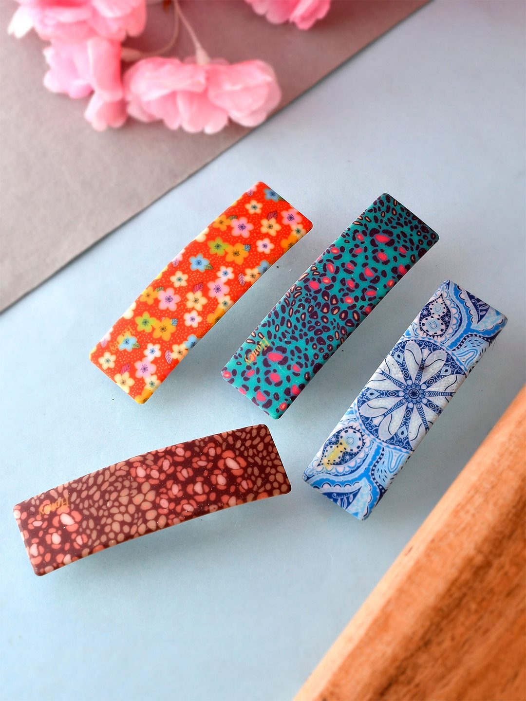 

Silvermerc Designs Women Set of 4 Printed French Barrette, Peach