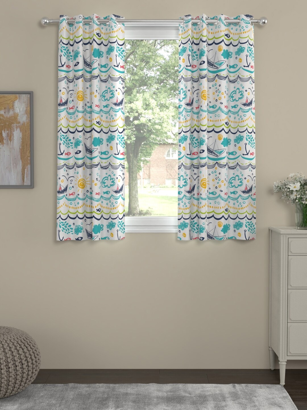 

ROSARA HOME Blue & White Set of 2 Quirky Window Curtain