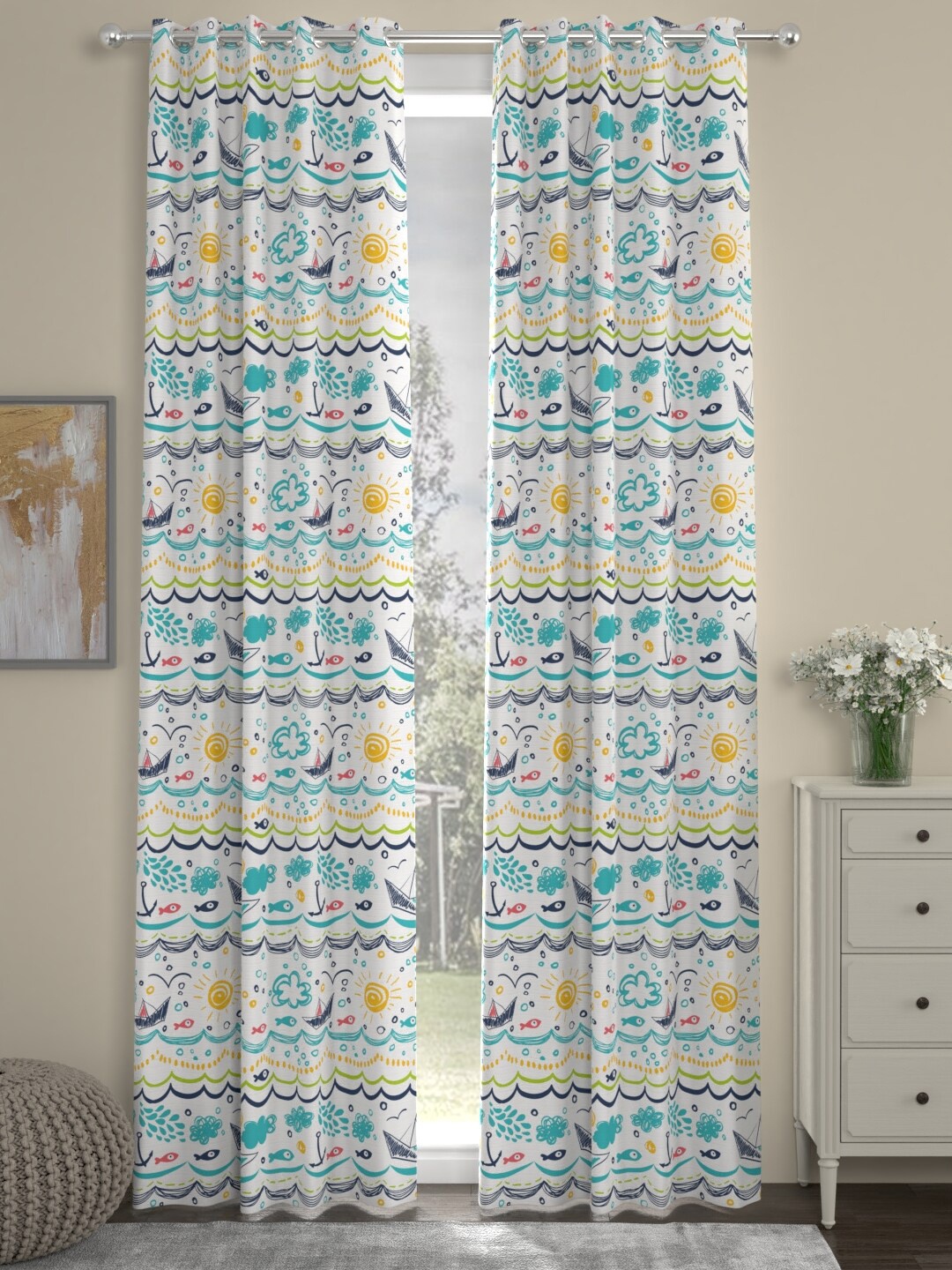 

ROSARA HOME Blue & White Set of 2 Geometric Printed Door Curtain