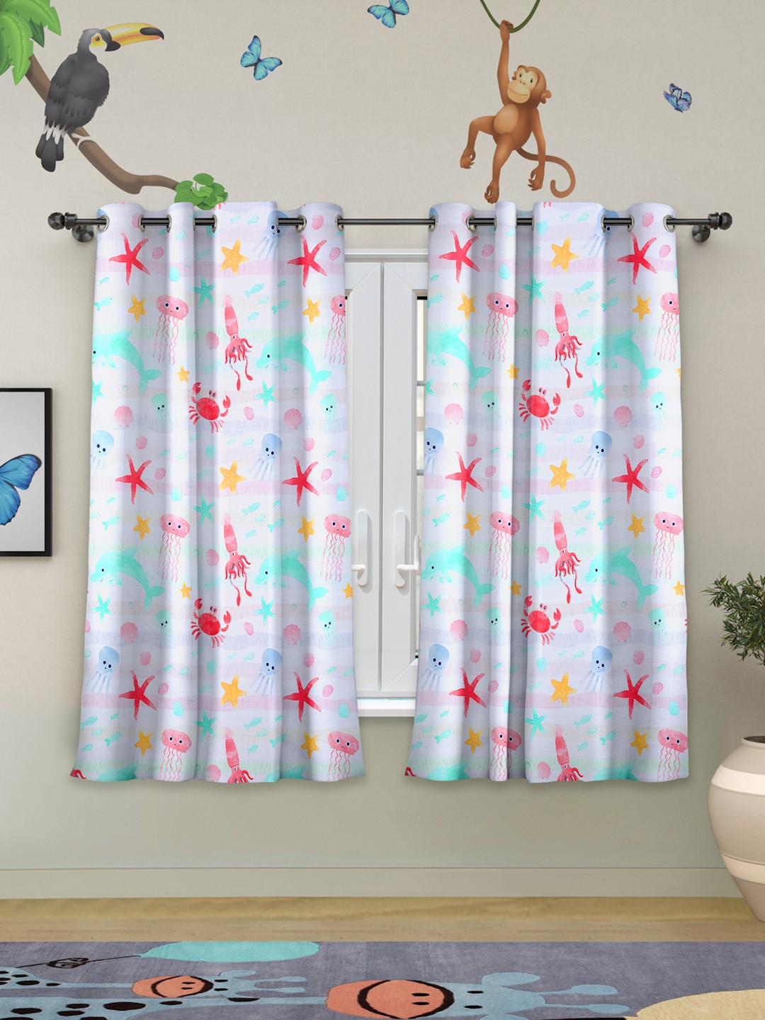 

ROSARA HOME White & Blue Set of 2 Quirky Window Curtain