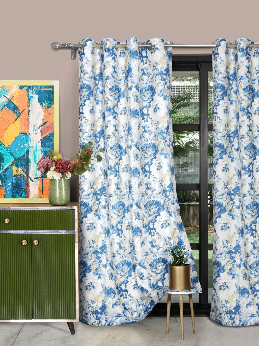 

ROSARA HOME Blue & White Set of 2 Floral Long Door Curtain