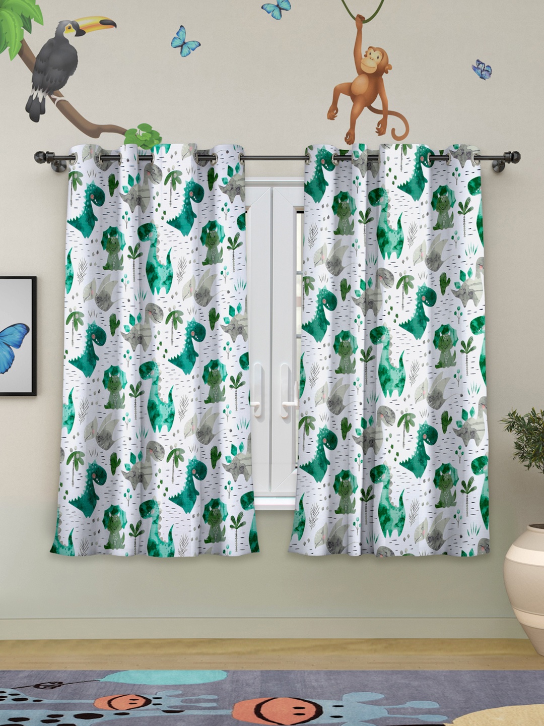 

ROSARA HOME Set of 2 Teal & White Printed Window Curtain