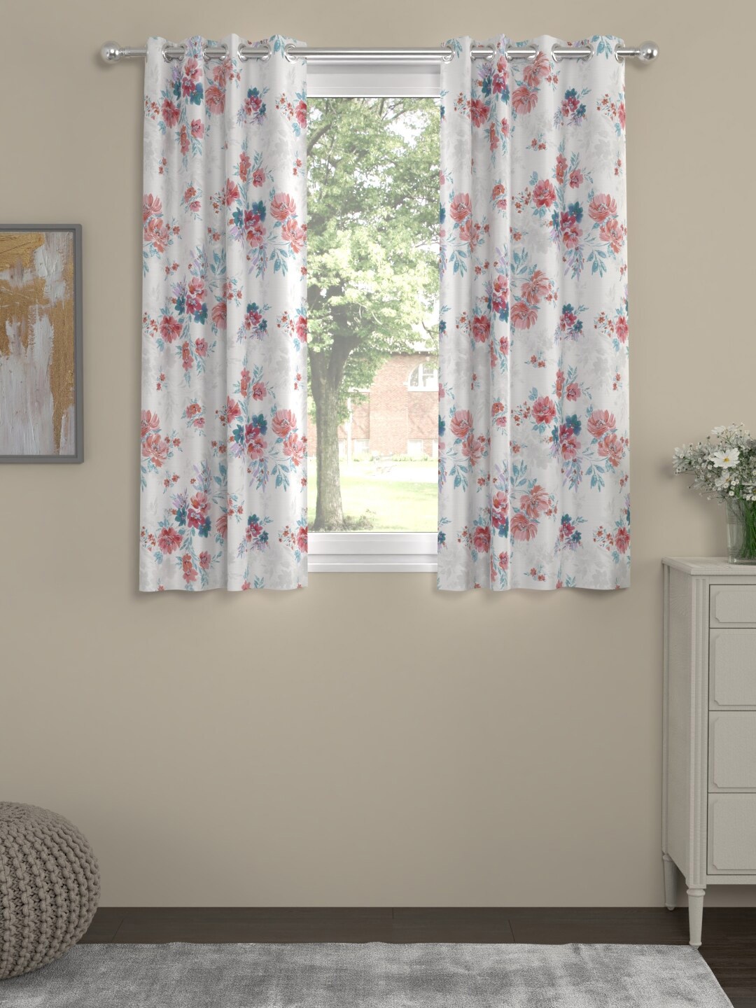 

ROSARA HOME Set of 2 White & Red Floral Window Curtain