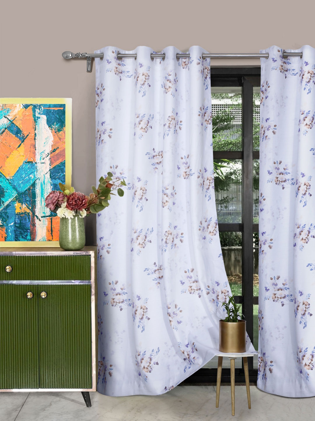 

ROSARA HOME Set of 2 White Floral Printed Door Curtain