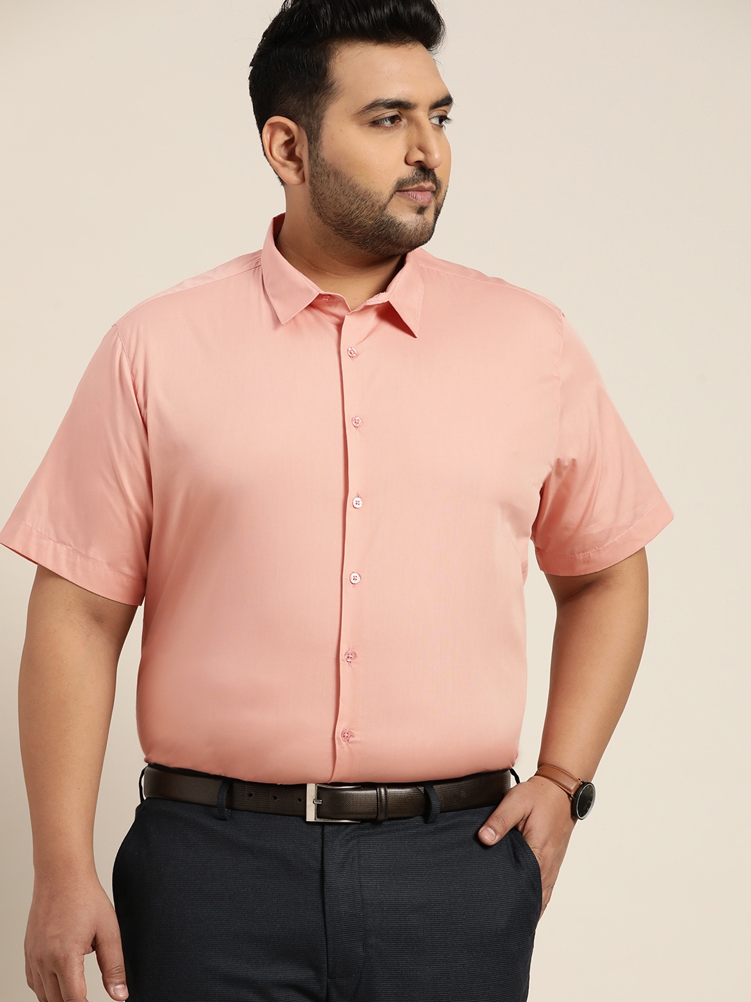 Sztori Men Plus Size Dusty Pink Pure Cotton Solid Casual Shirt