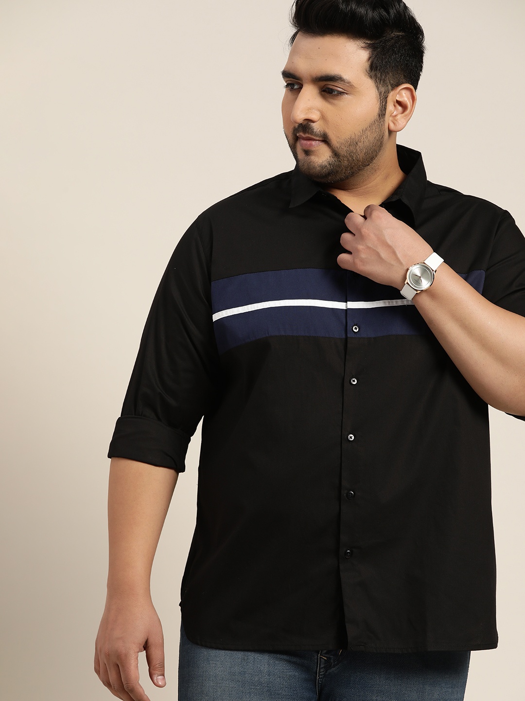 

Sztori Men Plus Size Black & Navy Blue Pure Cotton Striped Casual Shirt