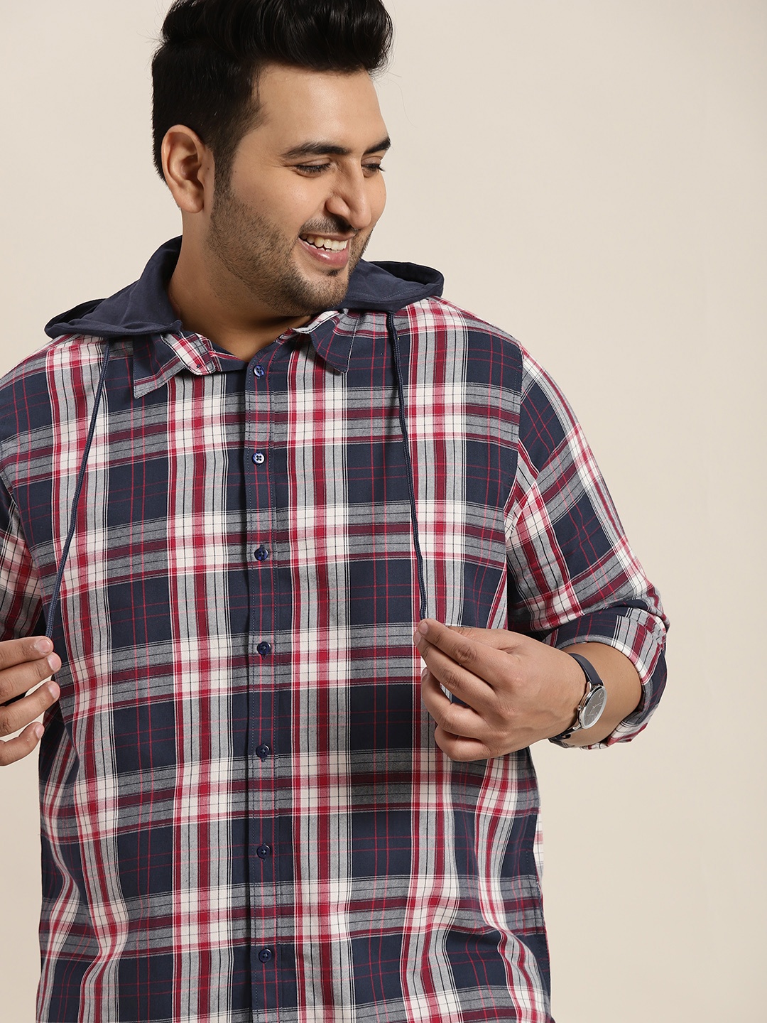 

Sztori Men Plus Size Navy Blue & Red Tartan Checked Hooded Pure Cotton Casual Shirt
