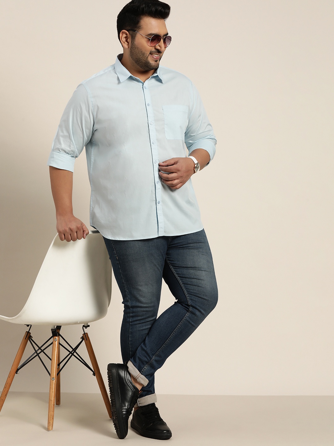 

Sztori Men Plus Size Blue Pure Cotton Solid Casual Shirt
