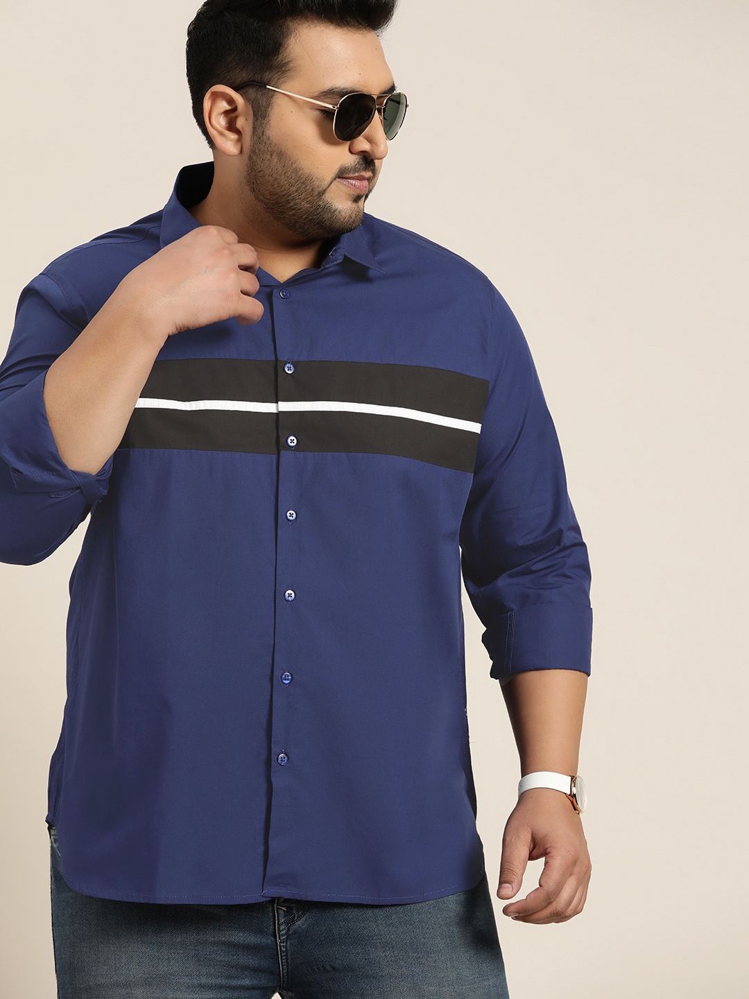 

Sztori Men Plus SizeNavy Blue & Black Pure Cotton Striped Casual Shirt, Navy blue