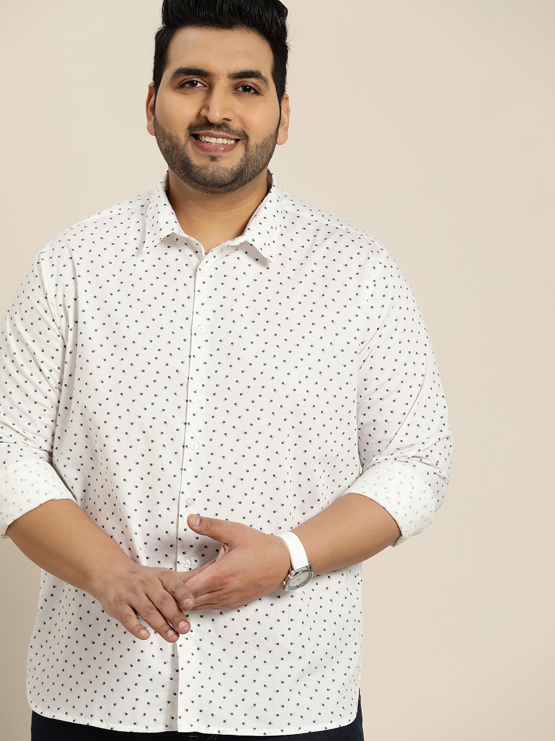

Sztori Plus Size Men White & Blue Pure Cotton Regular Fit Printed Casual Shirt