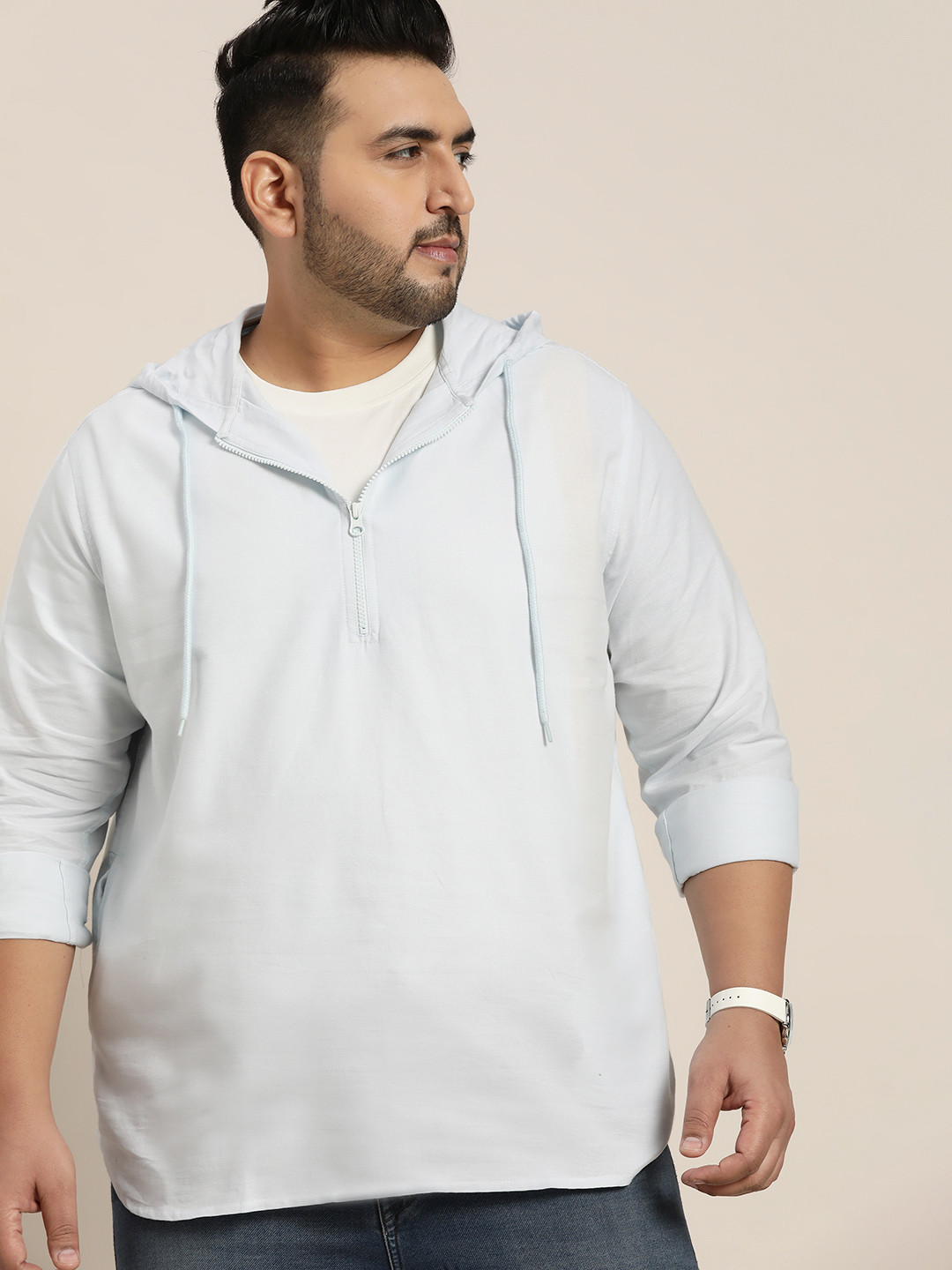 

Sztori Men Plus Size Blue Solid Hooded Pure Cotton Woven Casual Shirt