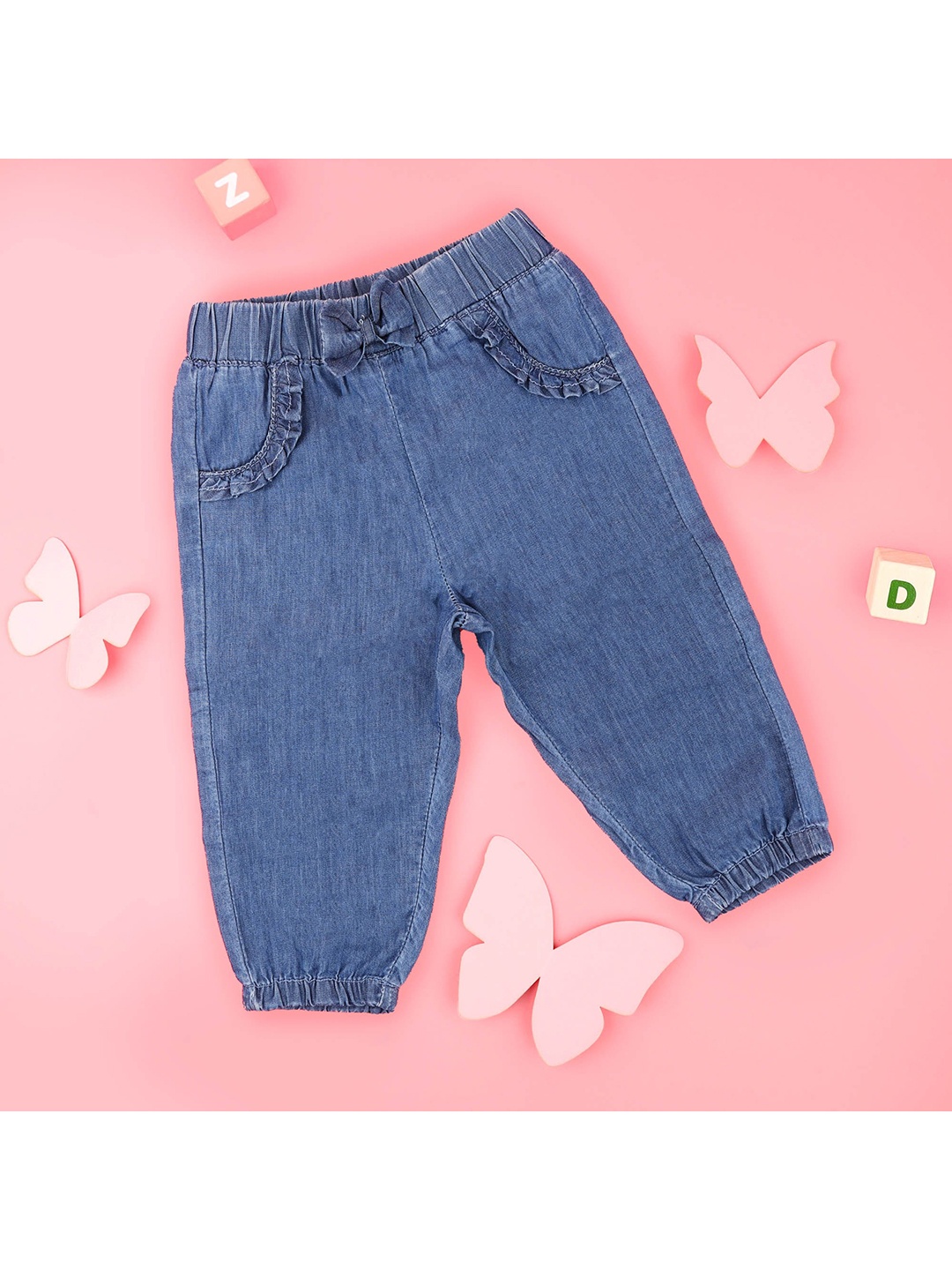 

KICKS & CRAWL Girls Blue Pure Cotton Denim Joggers with Bow, Navy blue