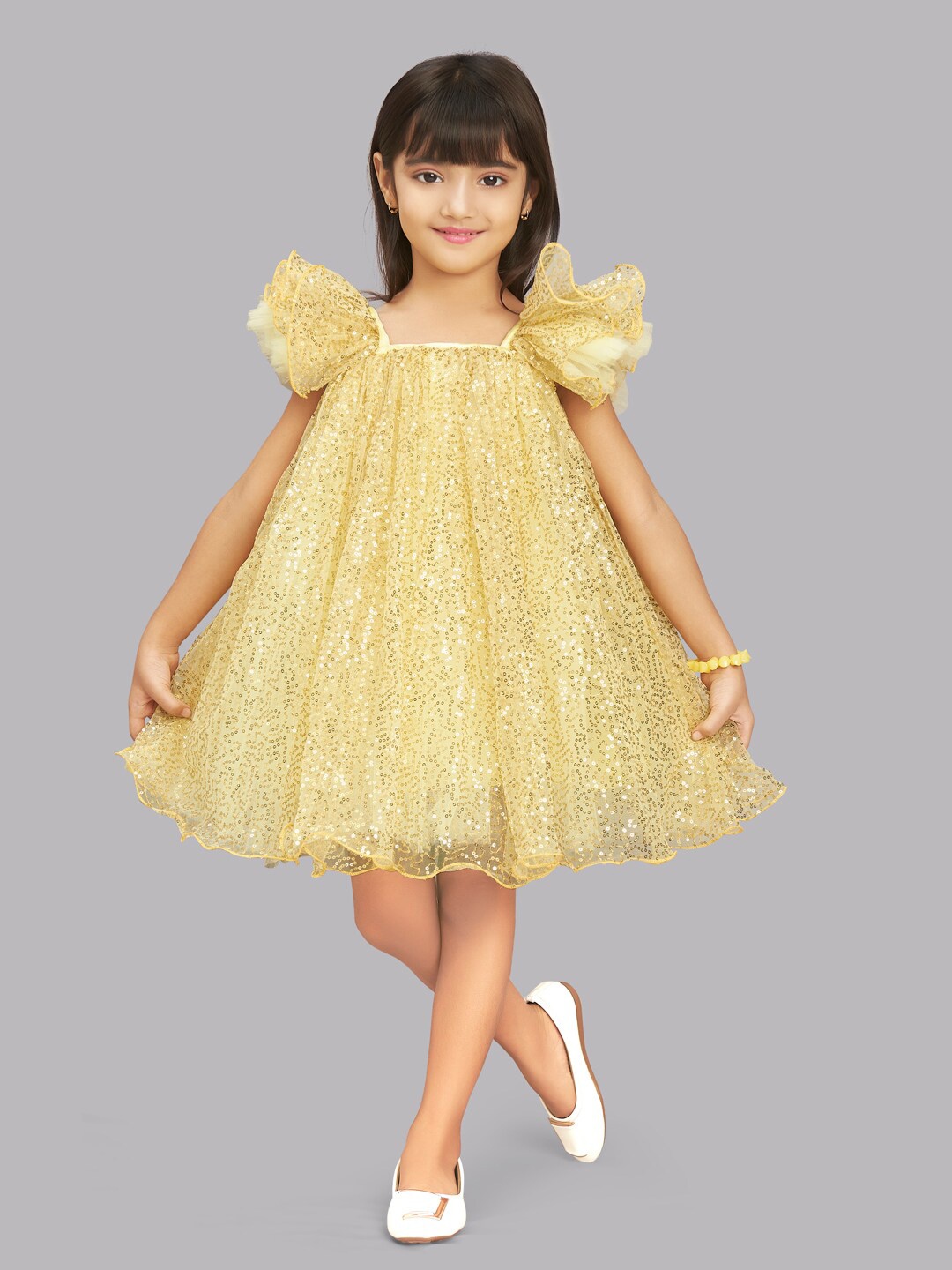 

Pink Chick Girls Yellow Ethnic Motifs Net A-Line Dress