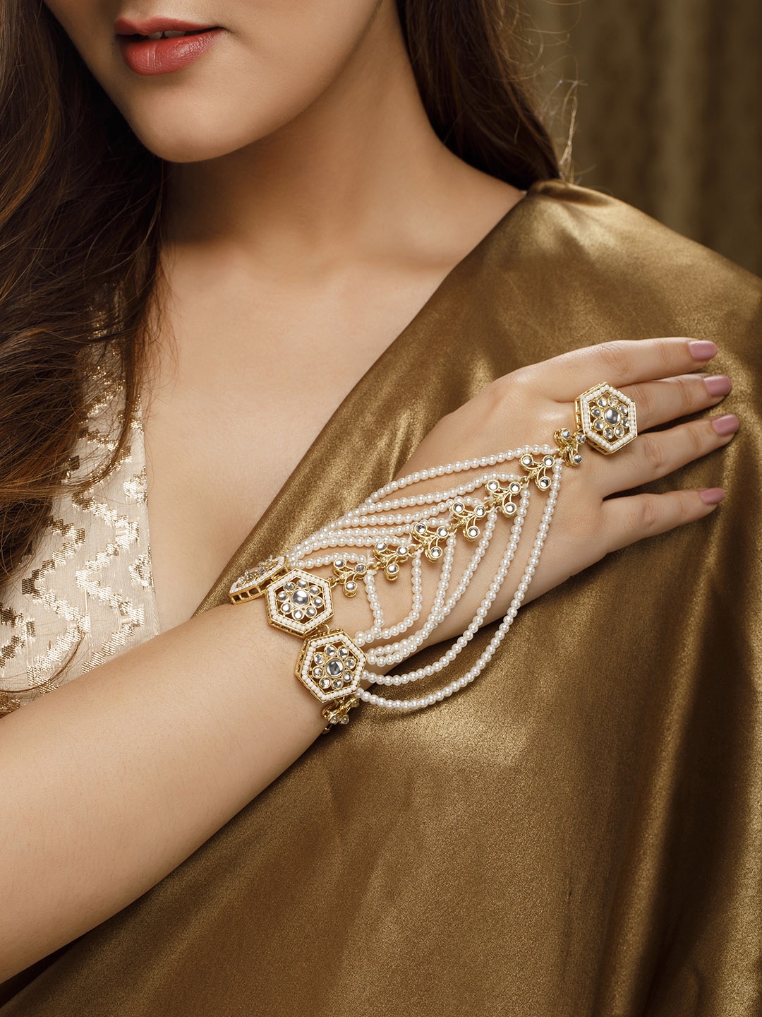 

Rubans Women 22k Gold-Plated White Kundan Ring Bracelet