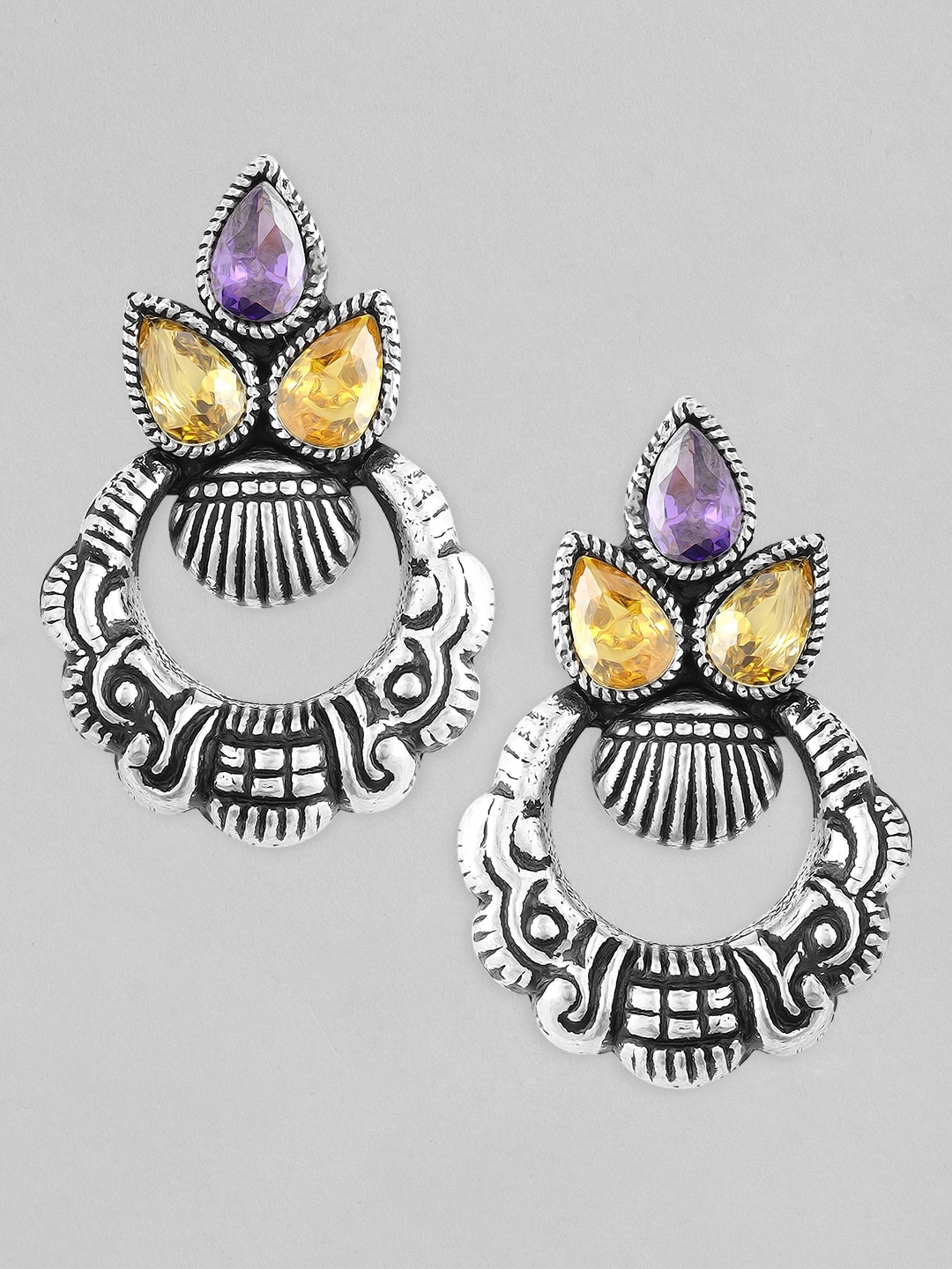

Rubans Yellow & Purple Oxidised Silver-Toned Contemporary Drop Chandbali Earrings