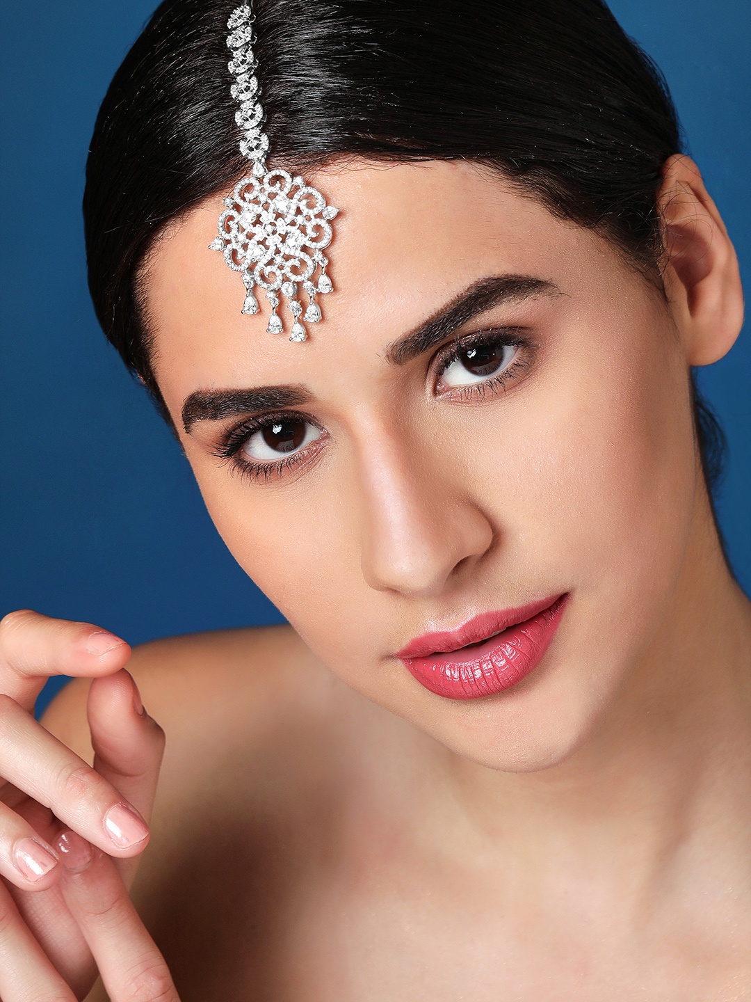 

Rubans Women Silver Plated White AD Stone Studded Maangtika