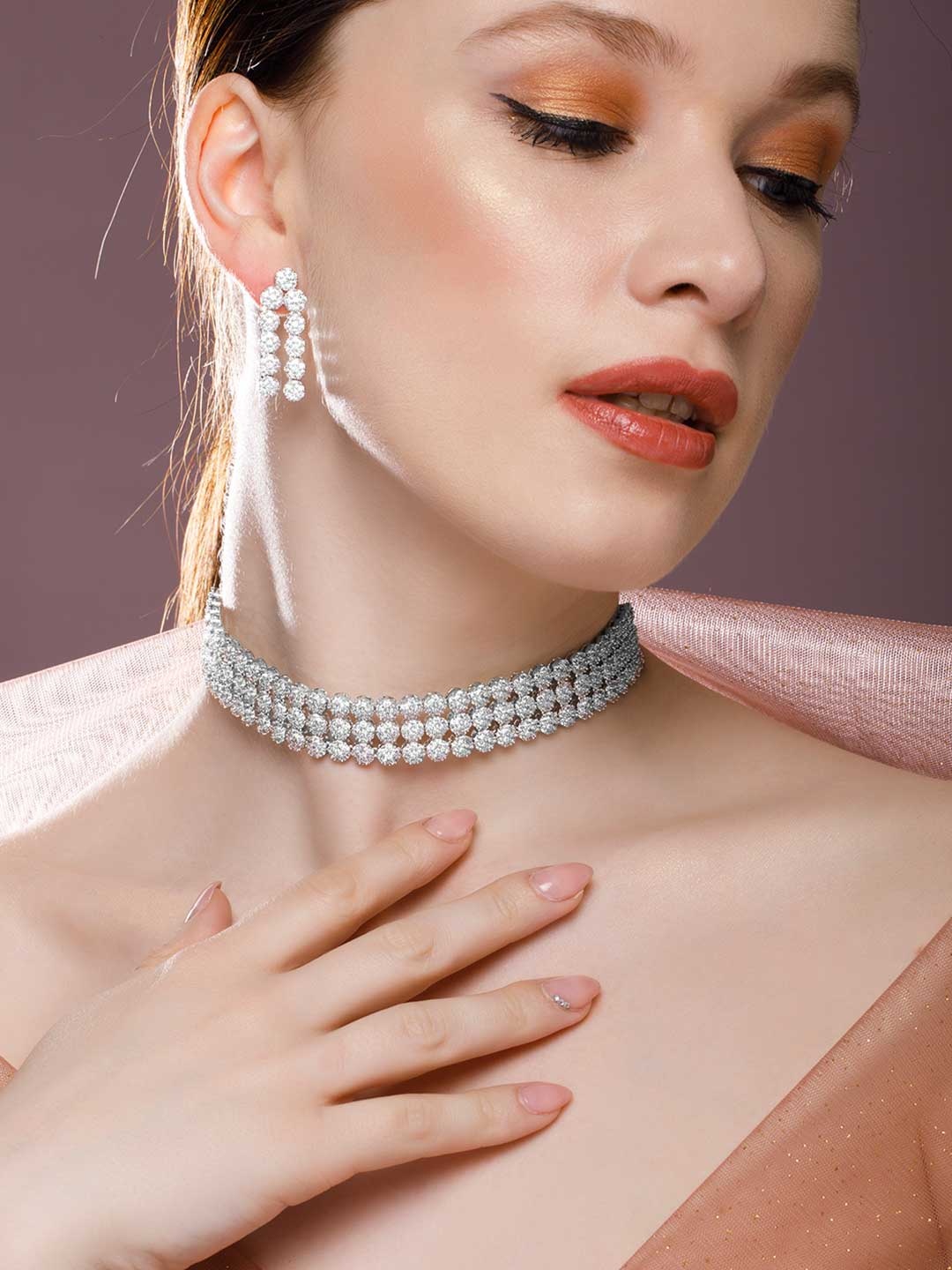 

RubansSilver-Plated Handcrafted AD & Cubic Zicronia Studded Choker Jewellery Set, Silver