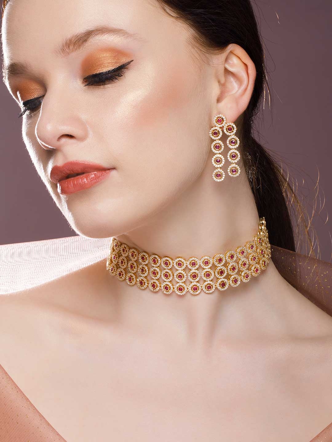 

Rubans 22k Gold-Plated Red AD Studded Choker Jewellery Set
