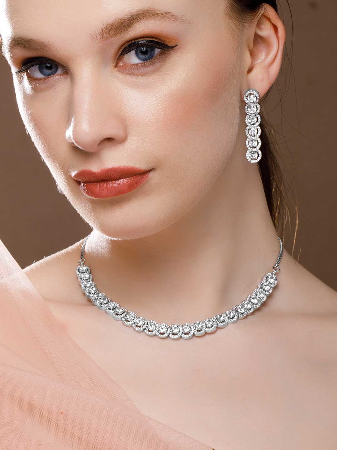 

Rubans Silver-Plated White CZ-Studded Handcrafted Jewellery Set
