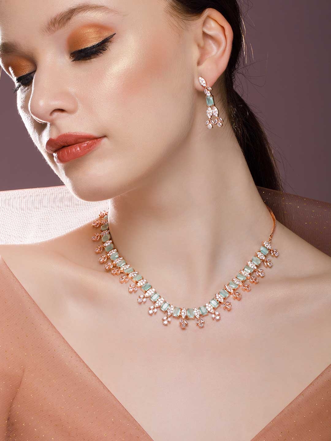 

Rubans Rose Gold-Plated & Green AD Stone Studded Jewellery Set