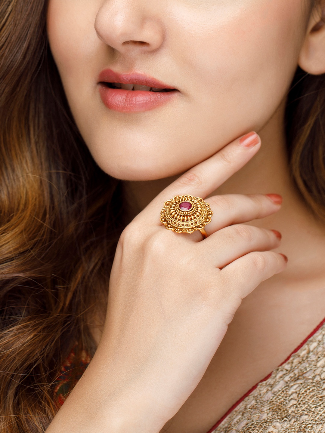 

Rubans 24K Gold-Plated Ruby Studded Finger Ring