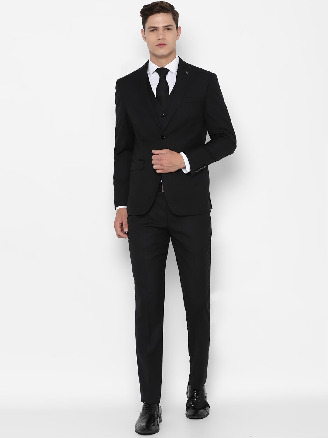 

Louis Philippe Men Black Striped Single-Breasted Slim-Fit 3-Piece Suit