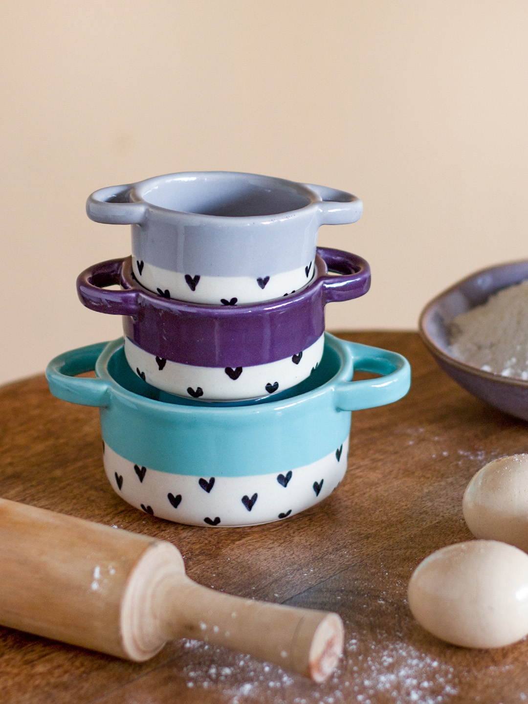 

The Wishing Chair Set of 3 Violet & Green Printed Stoneware Glossy Bowls