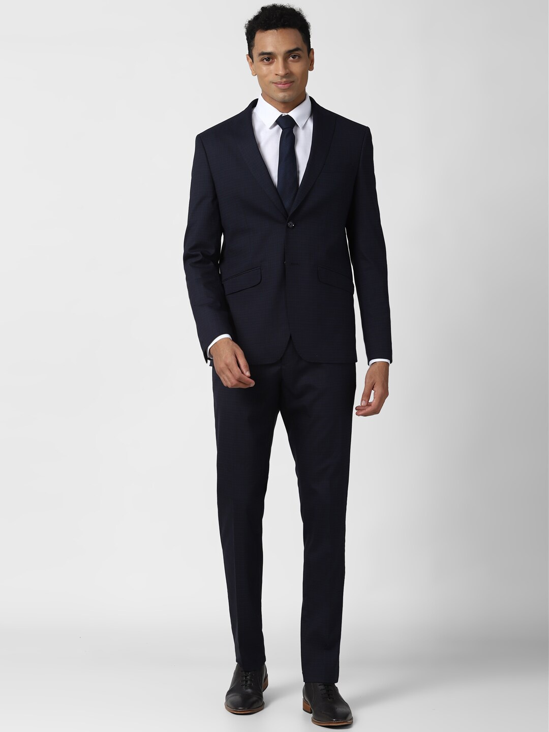 

Peter England Elite Men Navy Blue Checked Slim Fit Single-Breasted Two-Piece Formal Suit