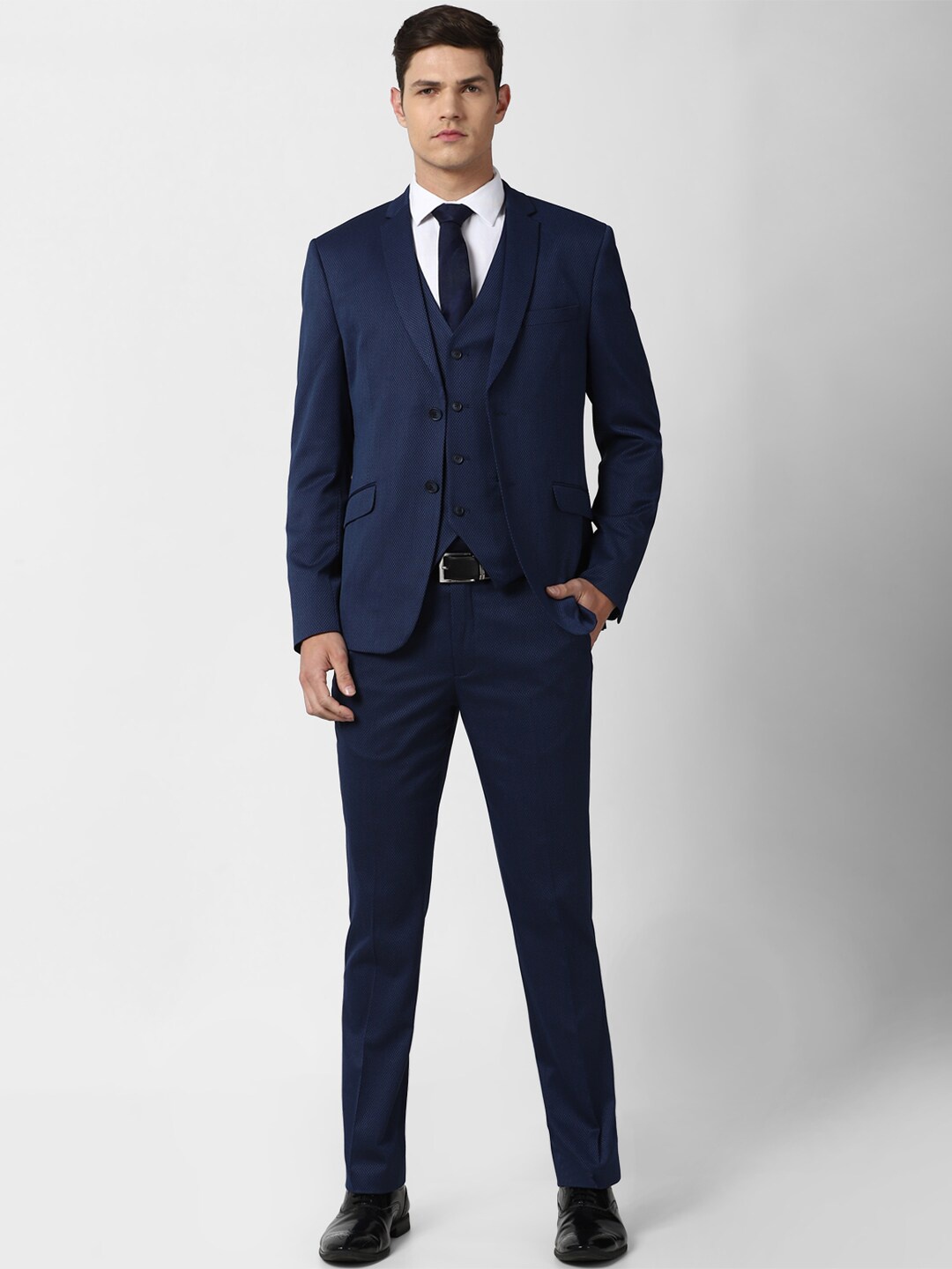 

V Dot Men Navy Blue Self-Design Single-Breasted Slim-Fit 3-Piece Formal Suit