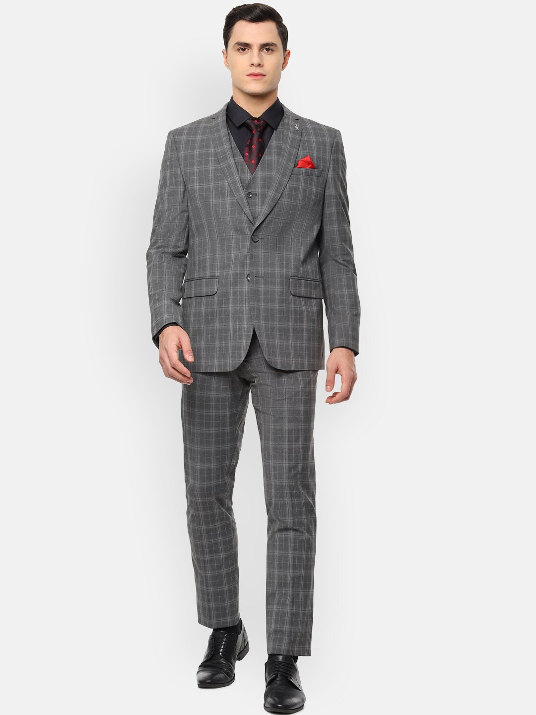 

Van Heusen Men Grey Checked Single-Breasted Slim-Fit Three-Piece Suit