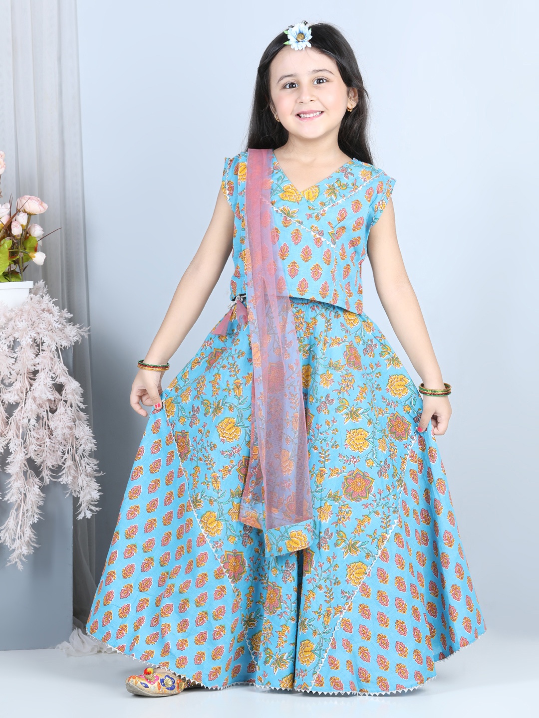 

Kinder Kids Girls Blue & Orange Block Printed Ready To Wear Lehenga With Choli & Dupatta