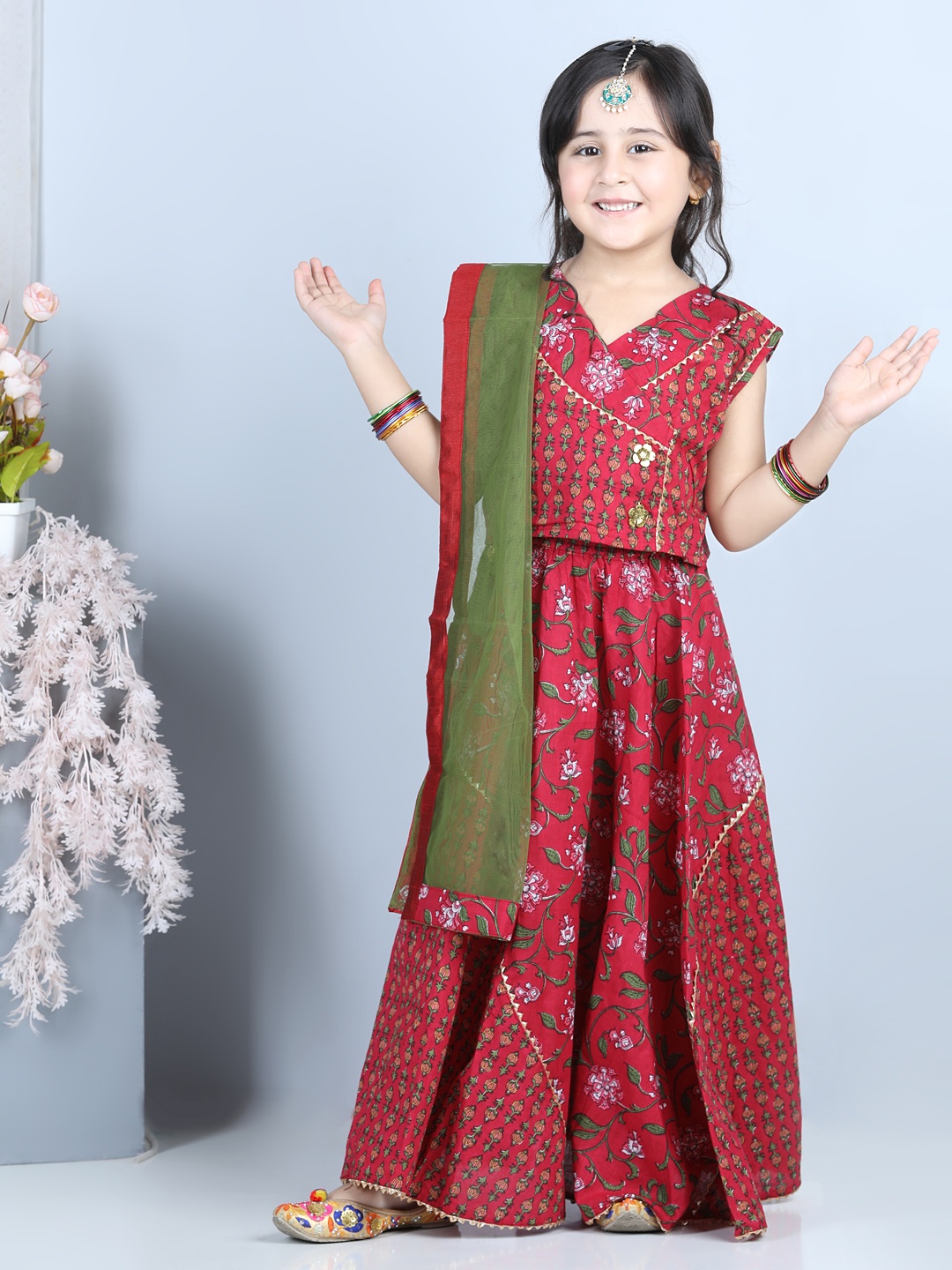 

Kinder Kids Girls Maroon Floral Printed Cotton Lehenga Choli