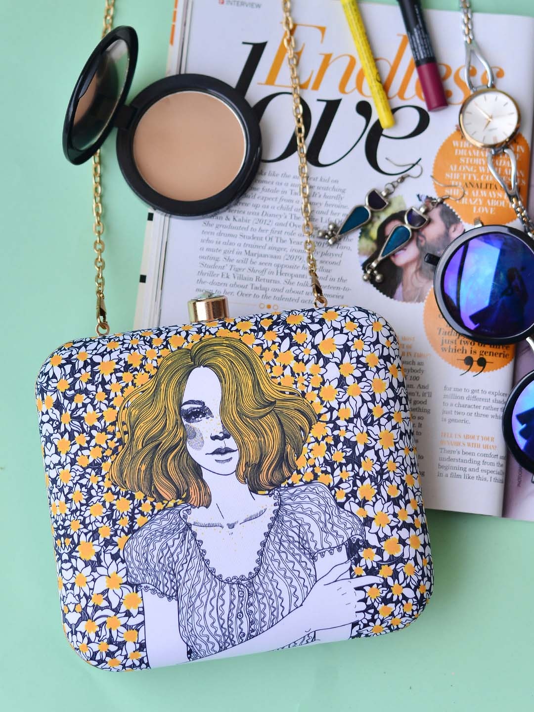 

ARTKLIM White & Yellow Printed Box Clutch