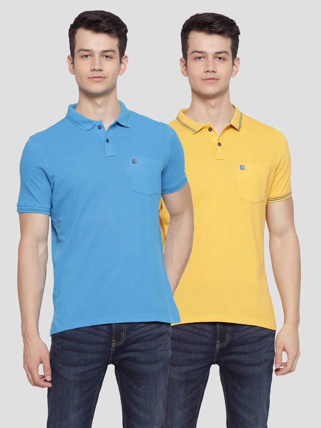 

Turtle Men Yellow & Blue Pack of 2 Polo Collar Slim Fit Cotton T-shirt
