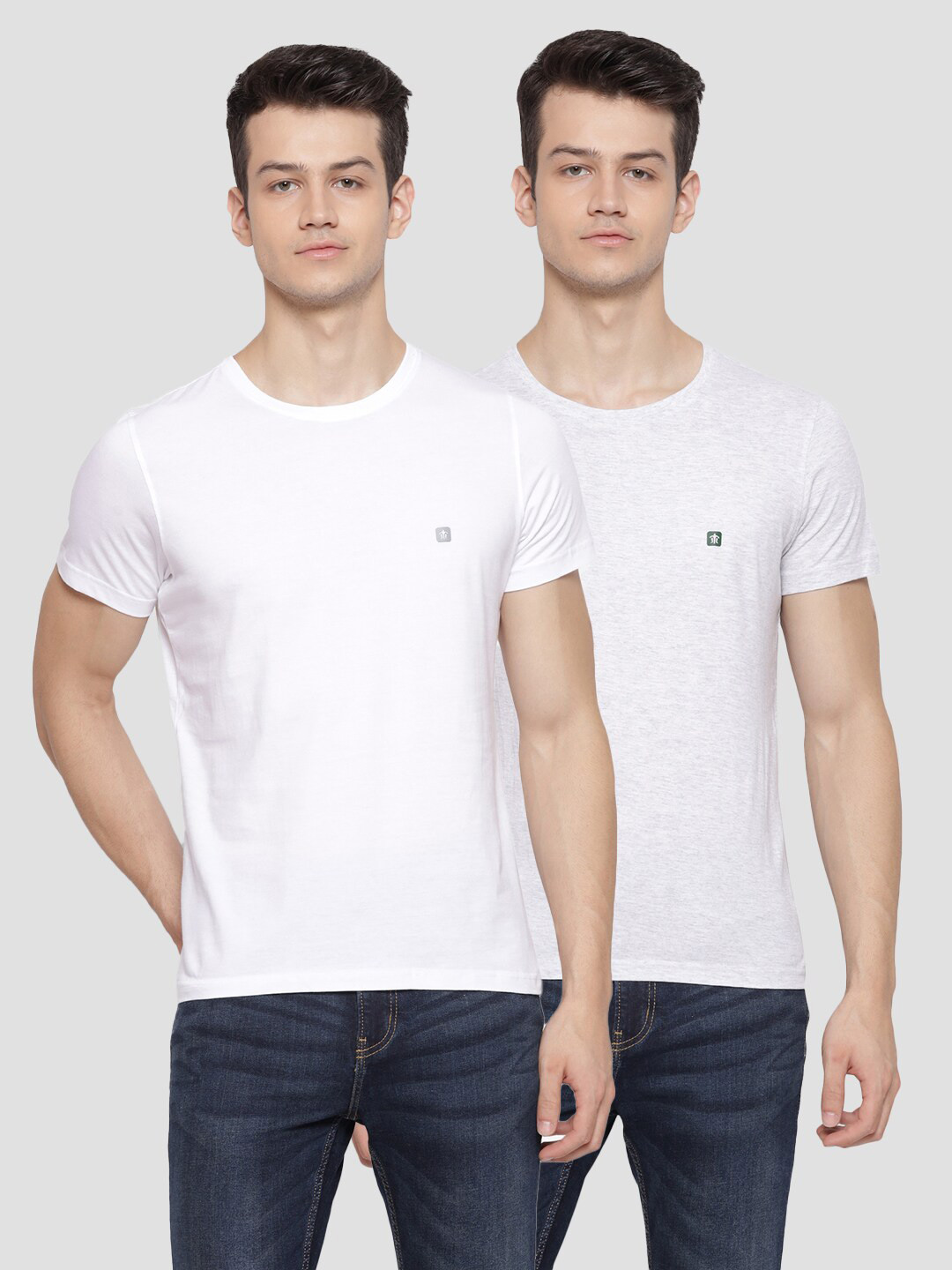 

Turtle Men Pack of 2 White & Grey Slim Fit Cotton T-shirt