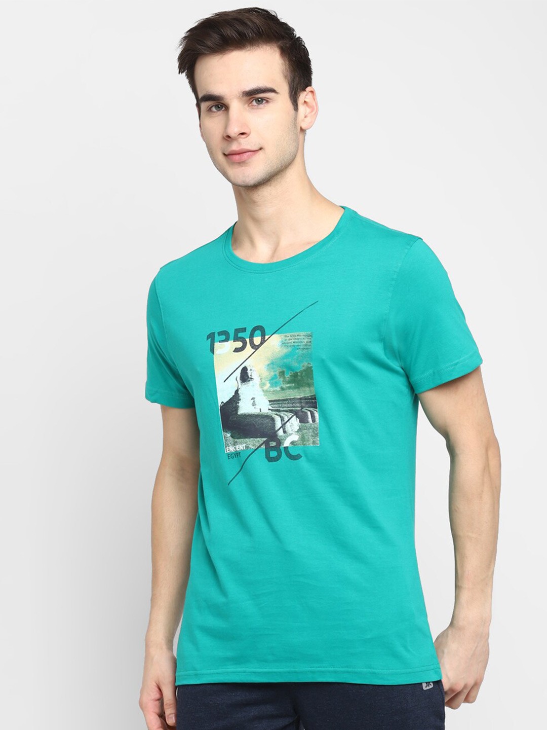 

Turtle Men Sea Green Printed Slim Fit Cotton T-shirt
